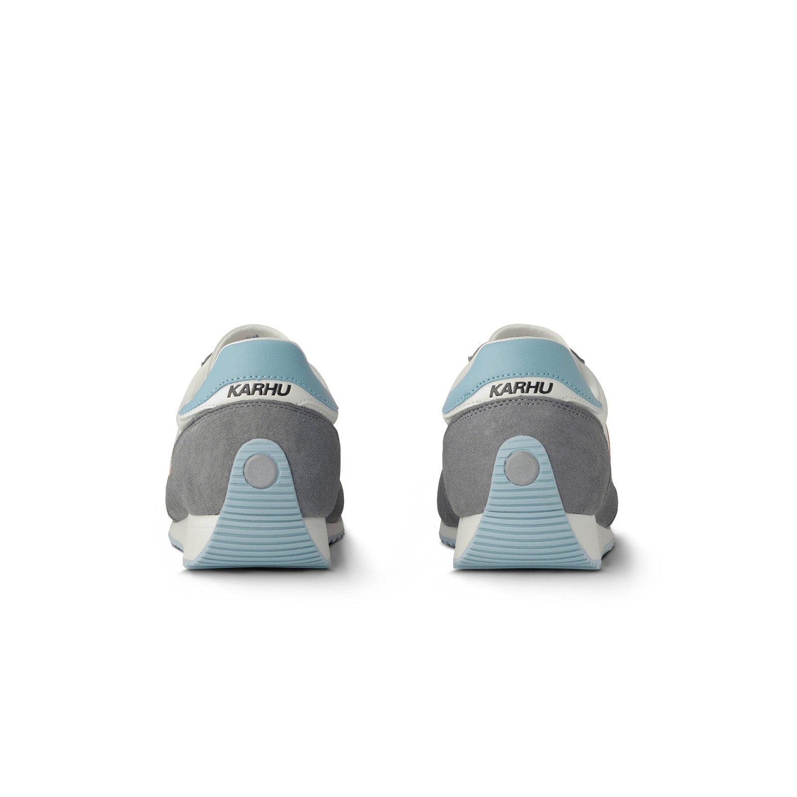 grey karhu men's mestari sneaker with red M logo and blue details