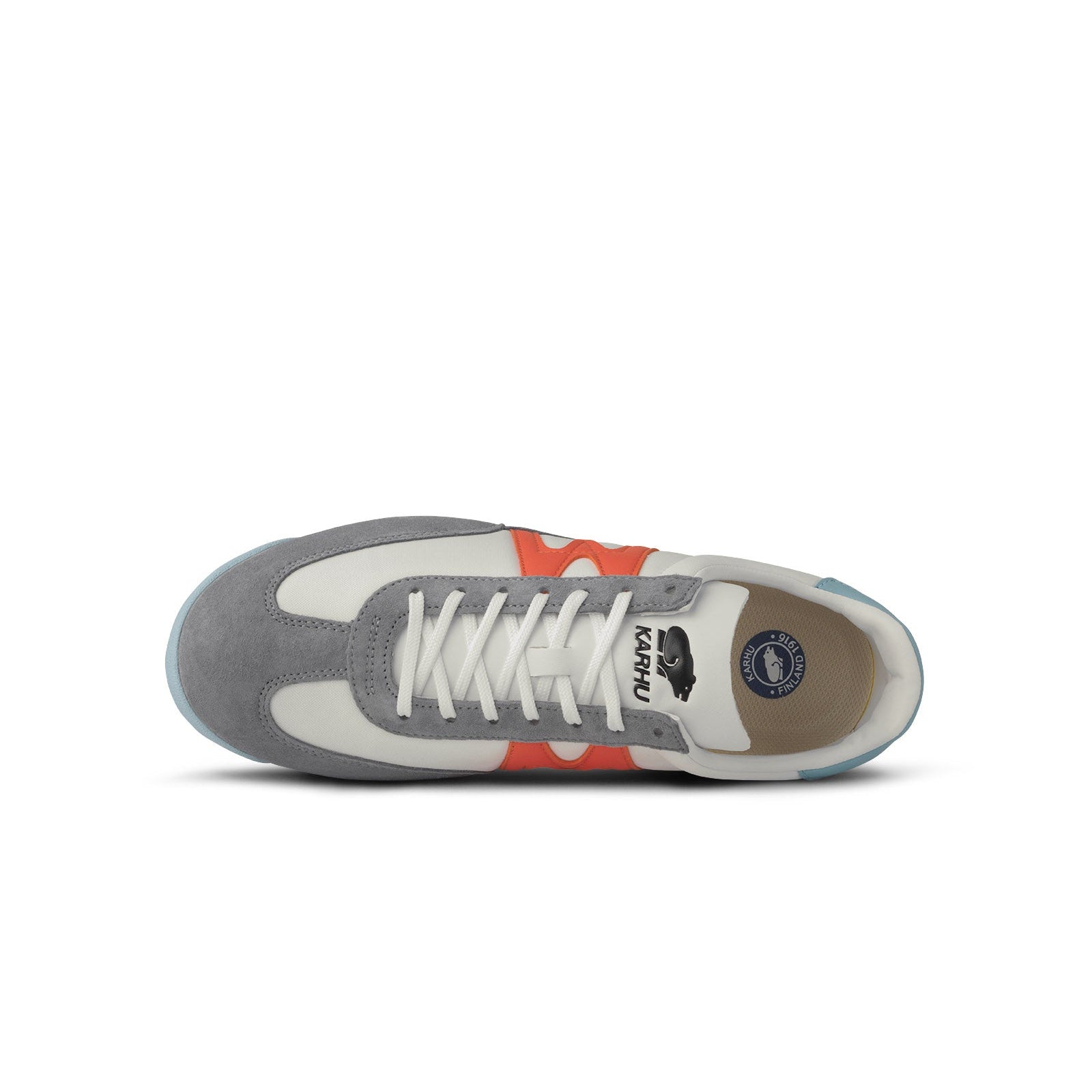 grey karhu men's mestari sneaker with red M logo and blue details