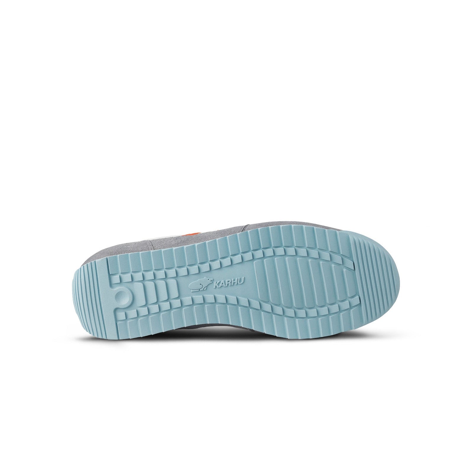 grey karhu men's mestari sneaker with red M logo and blue details