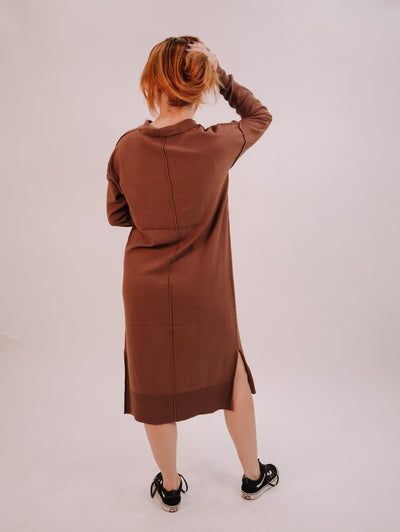 By Together Knit Sweater Long Sleeve Collar Neck Dress - Chocolate
