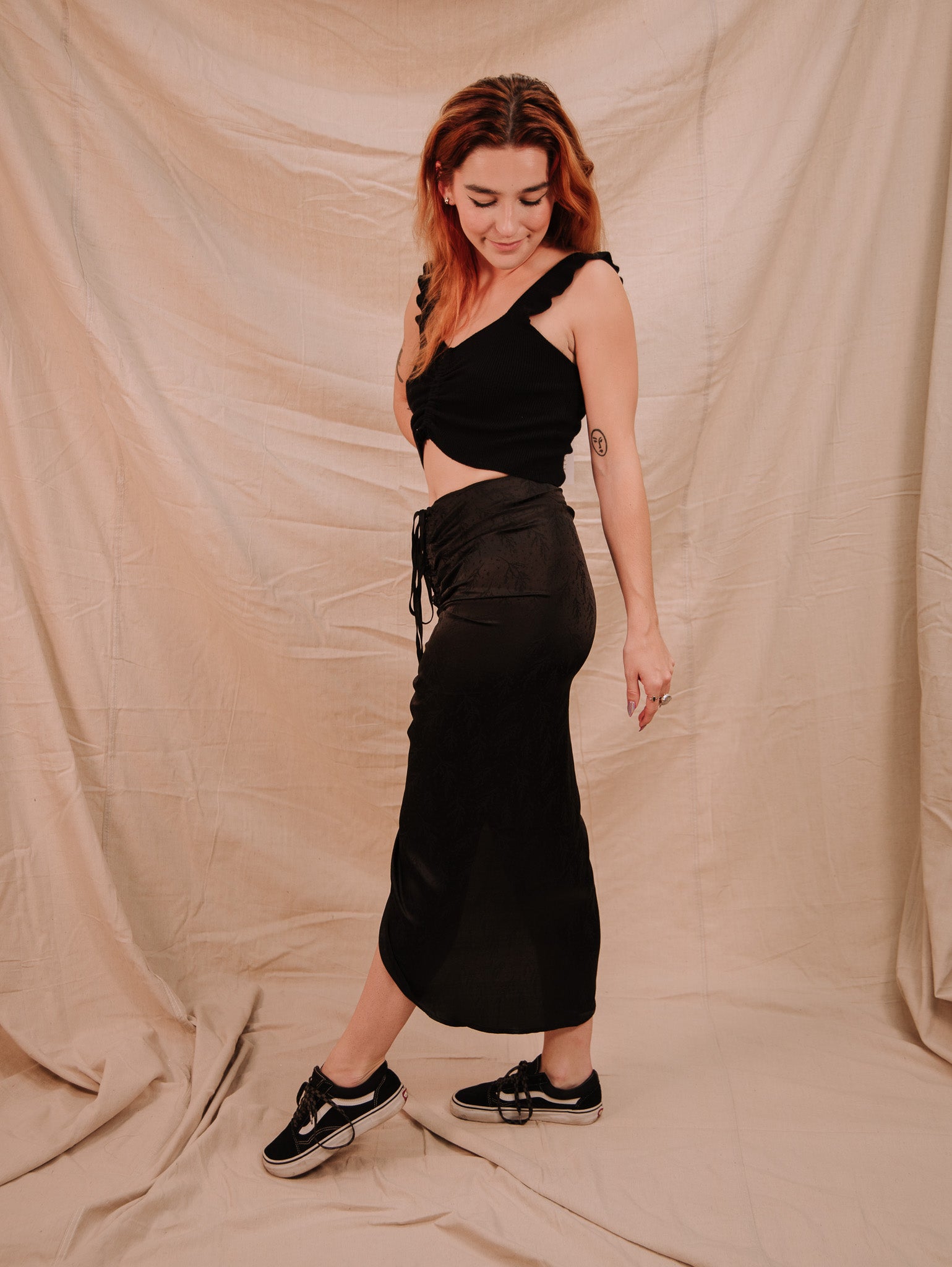 black women's Miou Muse Textured Fabric Ruching Skirt