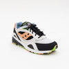 black and white saucony shadow 6000 men's comfort shoe with orange detail and a white and black sole with multi colored bottom