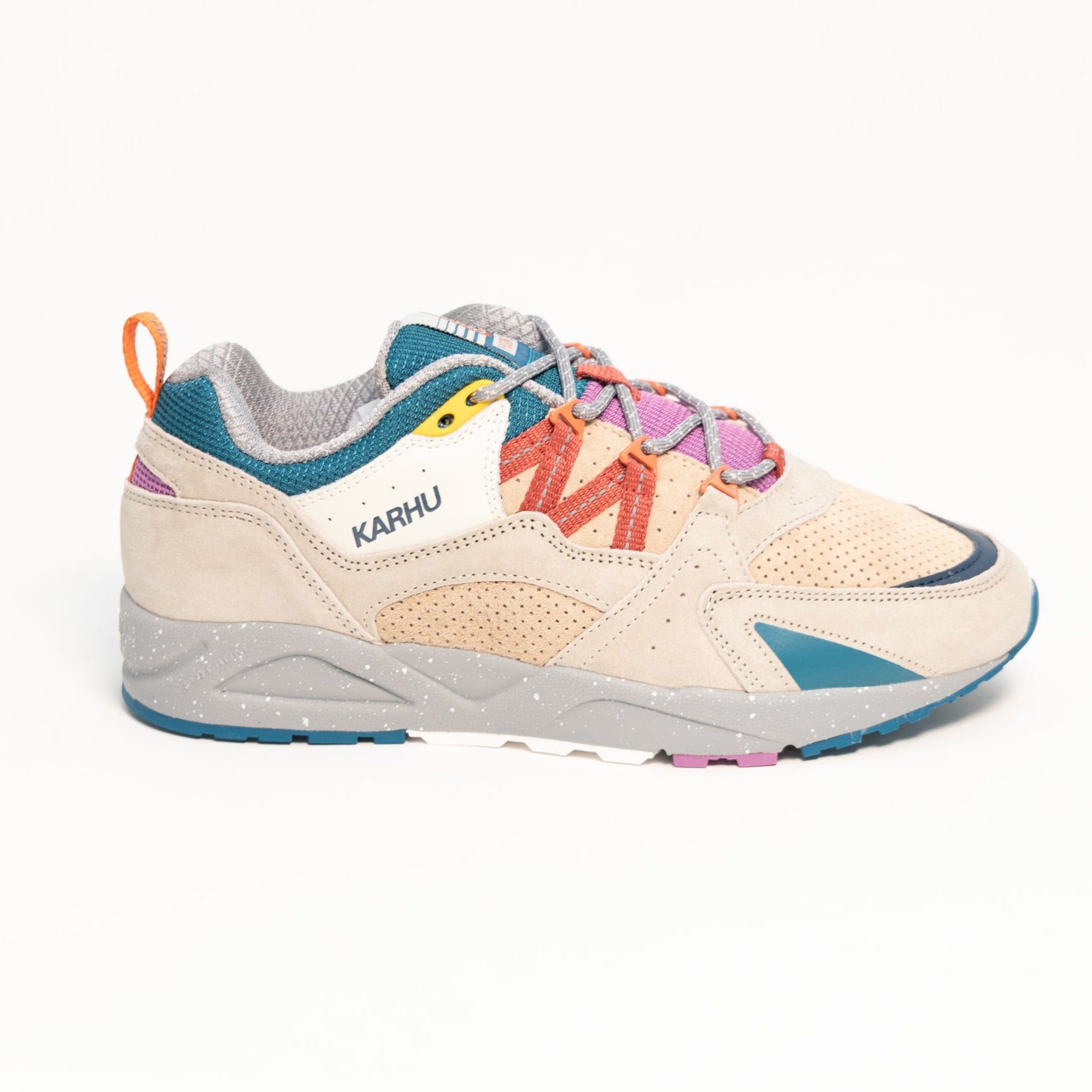 tan karhu fusion 2.0 comfort shoe with pink tongue and green details
