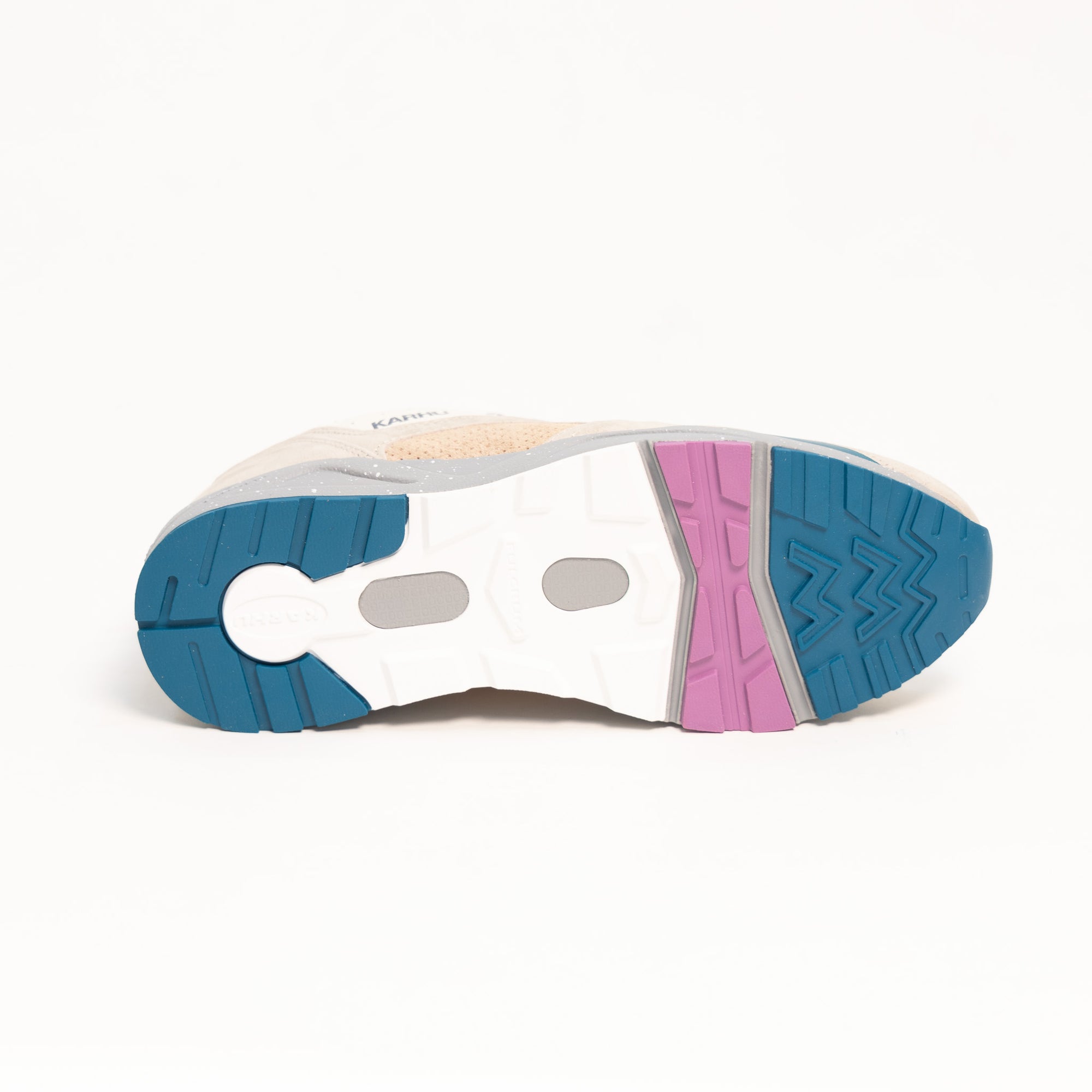 tan karhu fusion 2.0 comfort shoe with pink tongue and green details