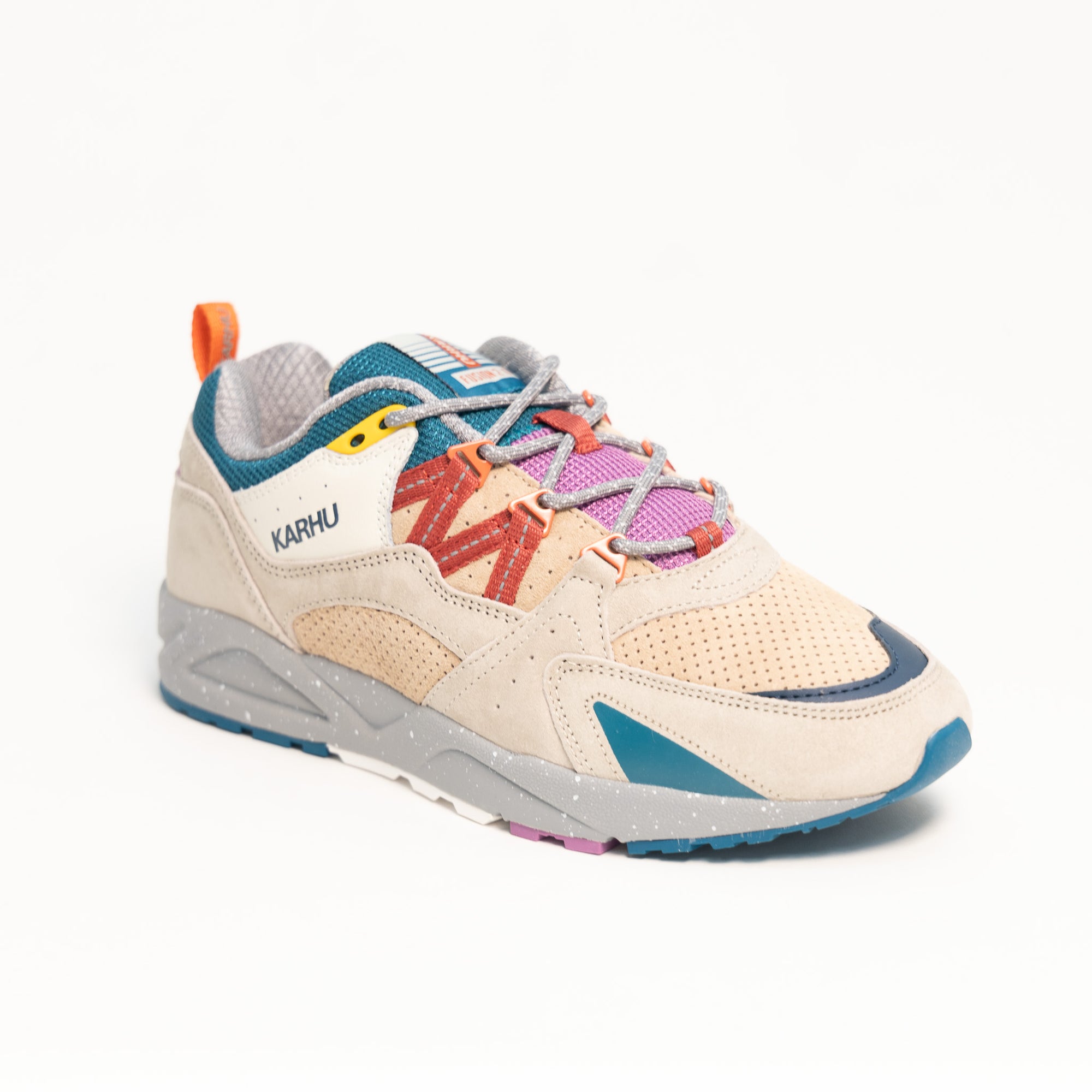 tan karhu fusion 2.0 comfort shoe with pink tongue and green details