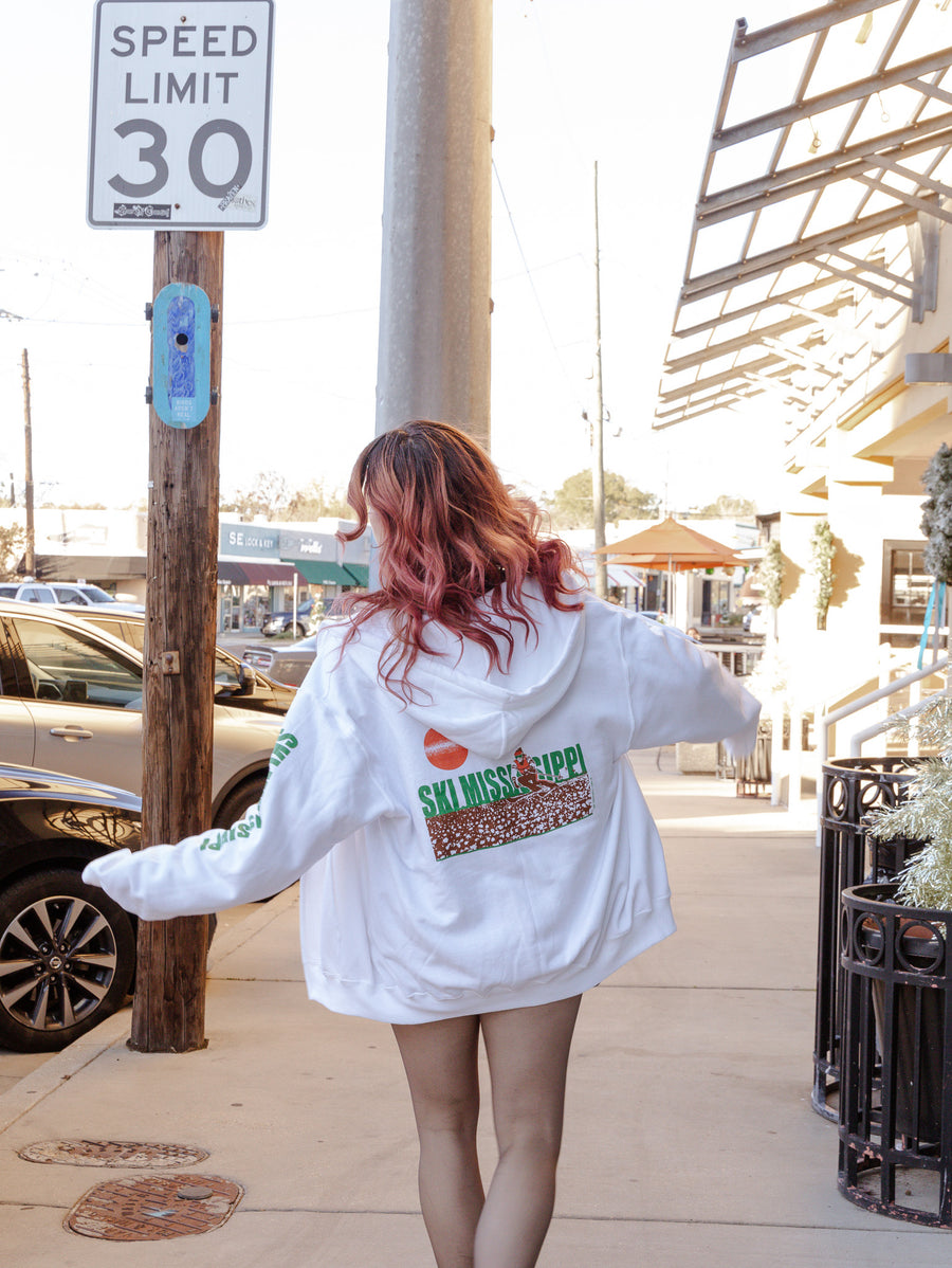 zip-up hooded sweatshirt featuring the ski mississippi logo in green brown and orange