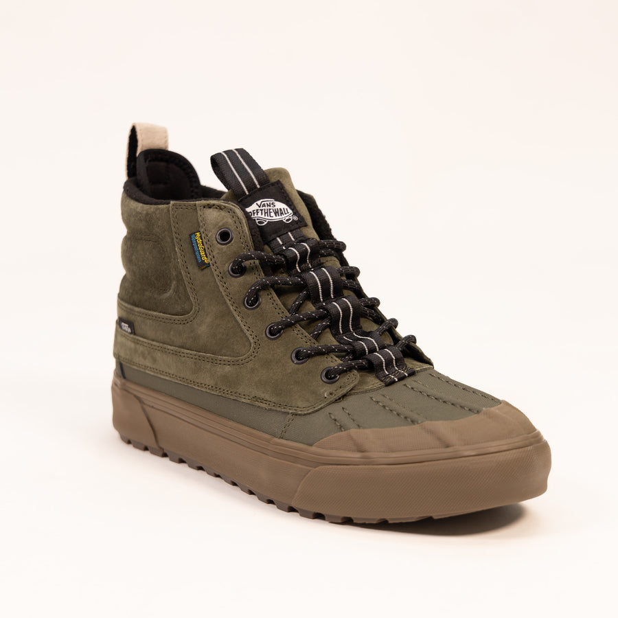 green vans mte sk8-hi del pato men's all weather waterproof high top shoe with pull tab and brown gum sole