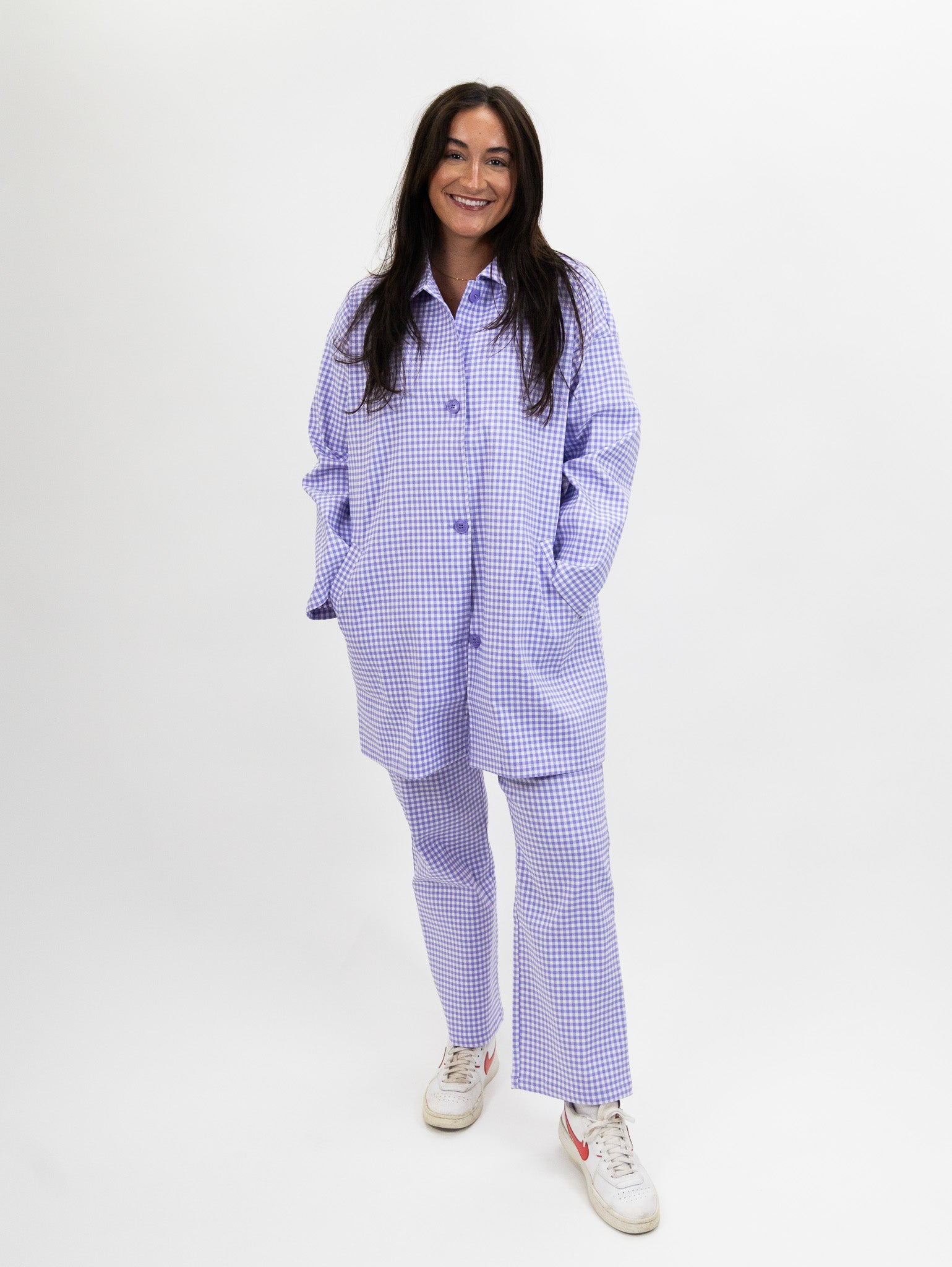 purple gingham neoprene trench coat suit