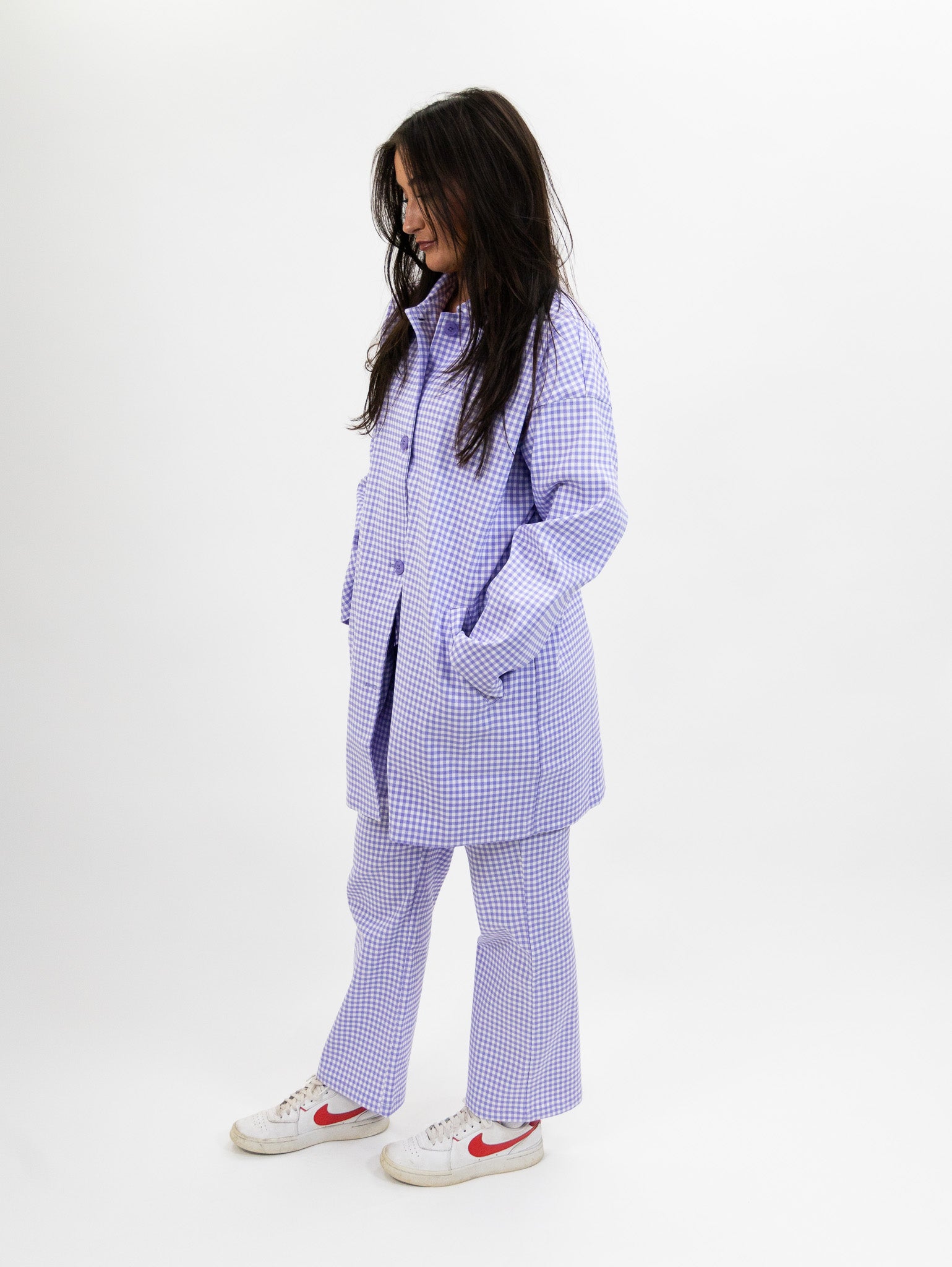 purple gingham neoprene trench coat suit