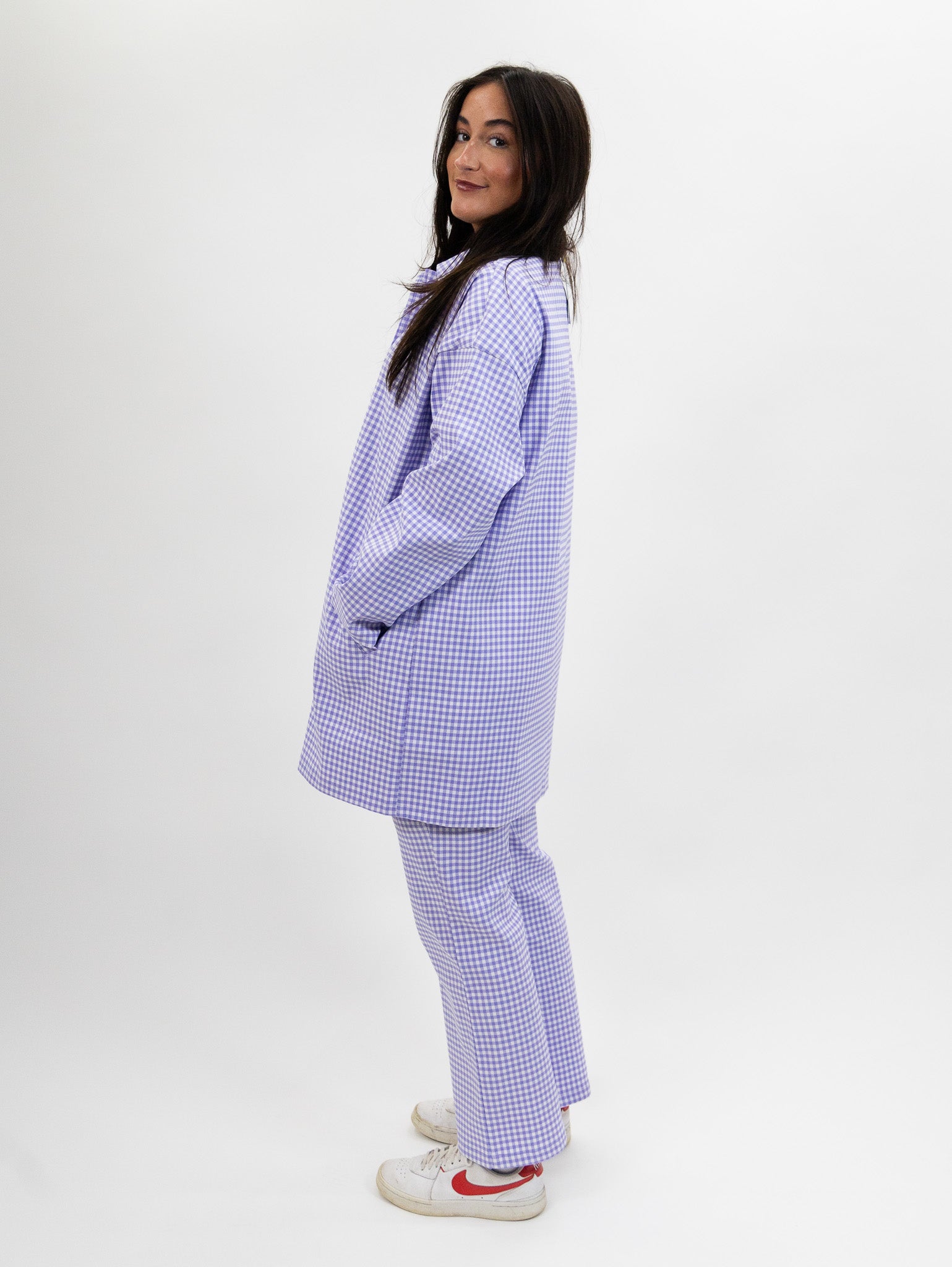 purple gingham neoprene trench coat suit