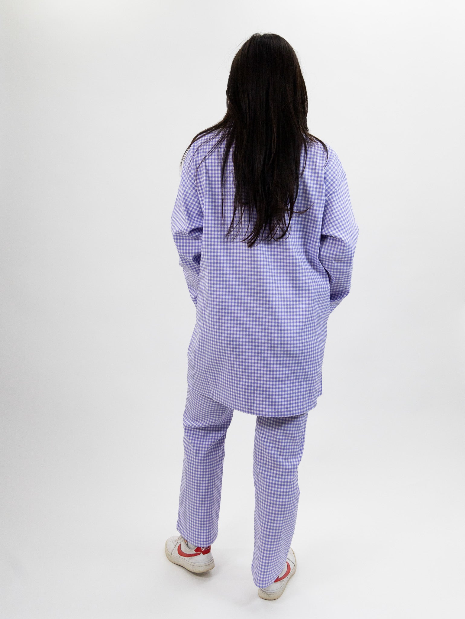 purple gingham neoprene trench coat suit