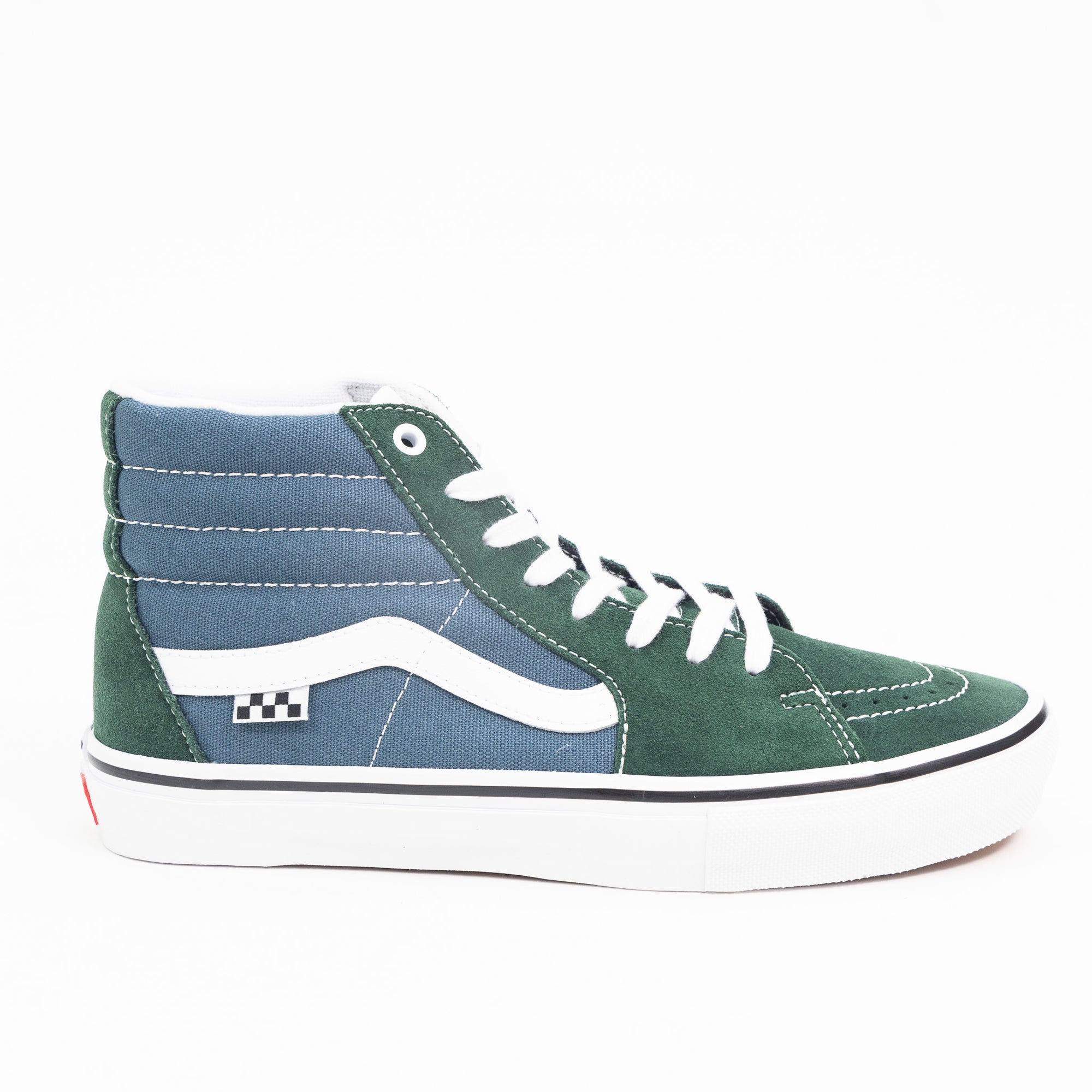 green and blue vans men's sk8-hi skate shoe with white sidestripe and white sole