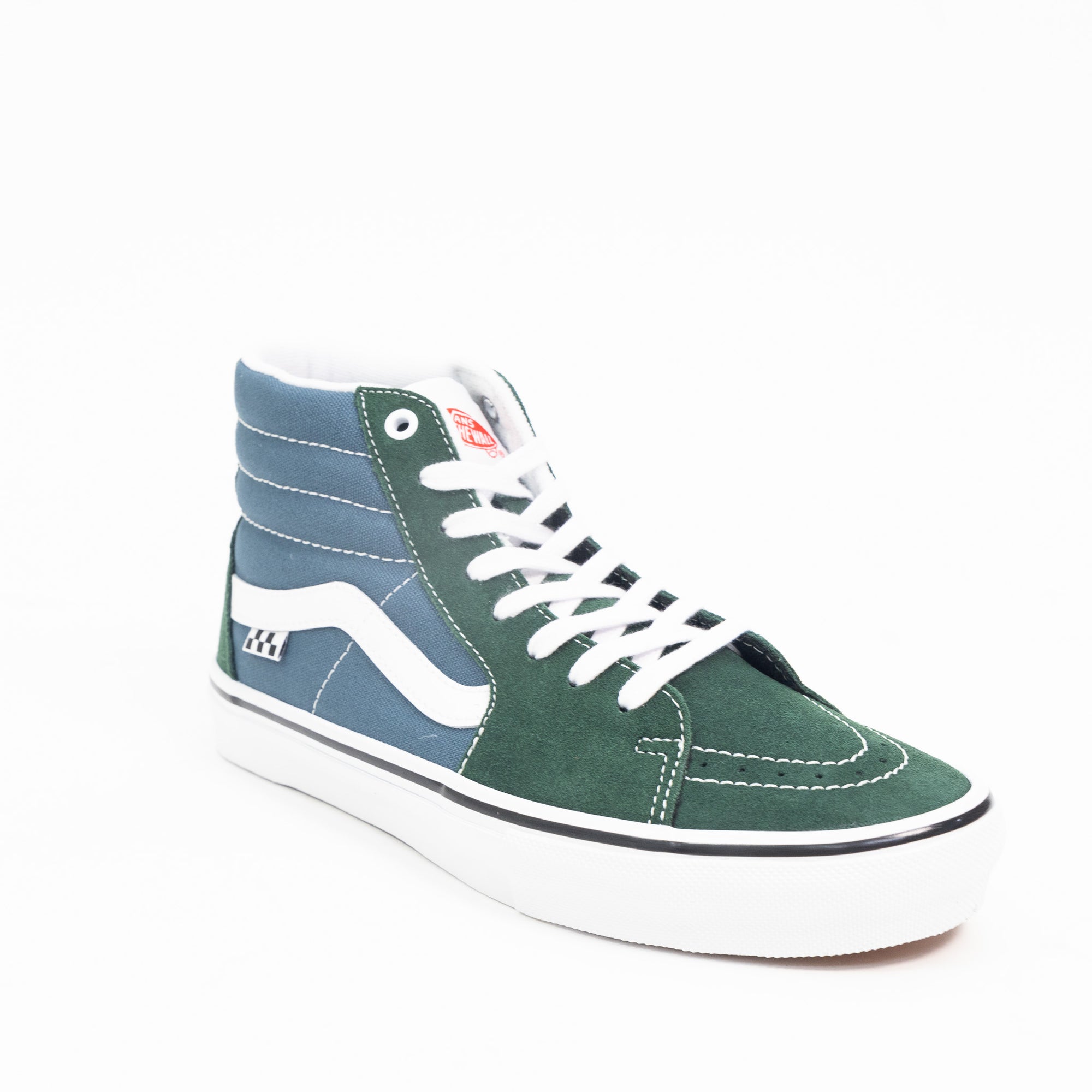 green and blue vans men's sk8-hi skate shoe with white sidestripe and white sole