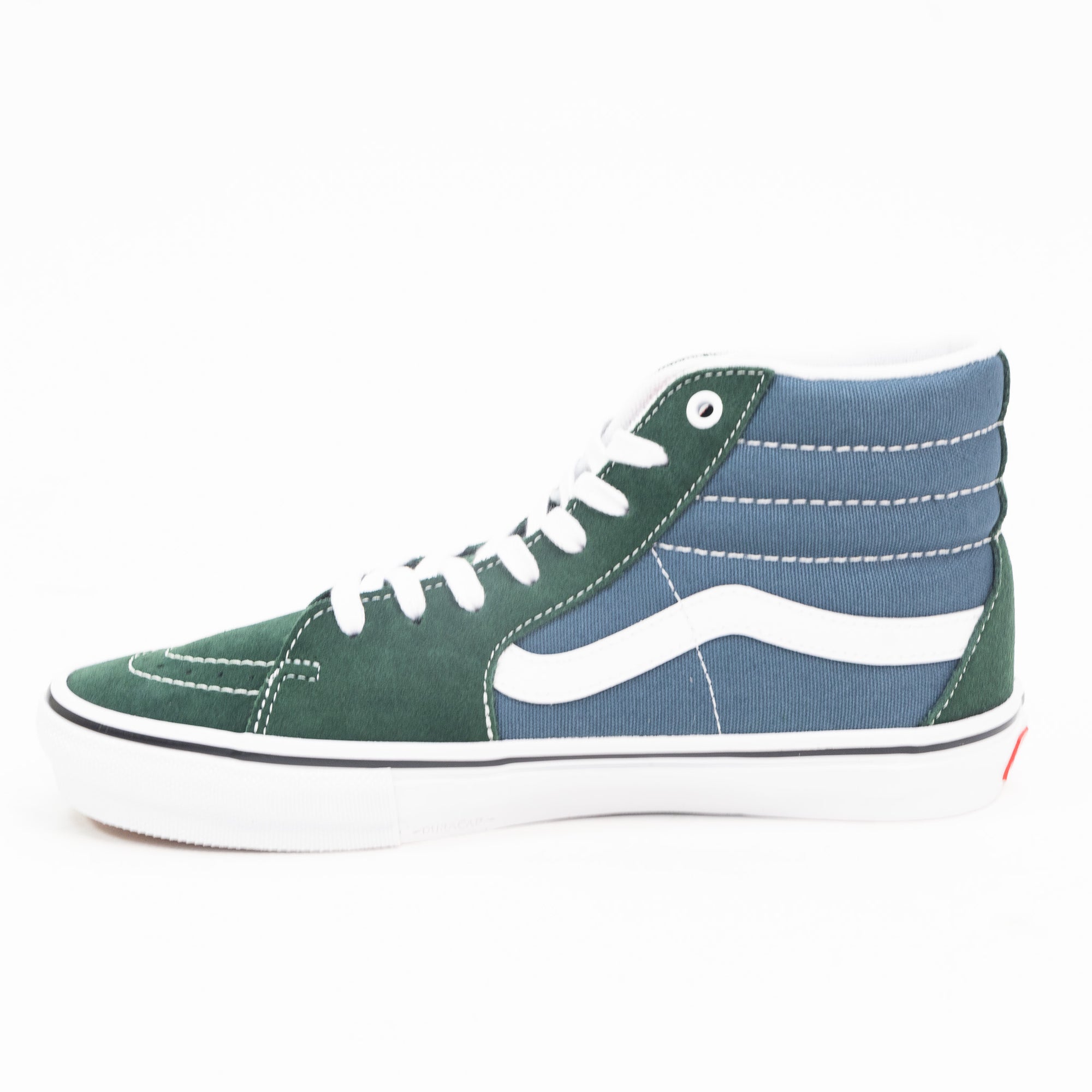 green and blue vans men's sk8-hi skate shoe with white sidestripe and white sole