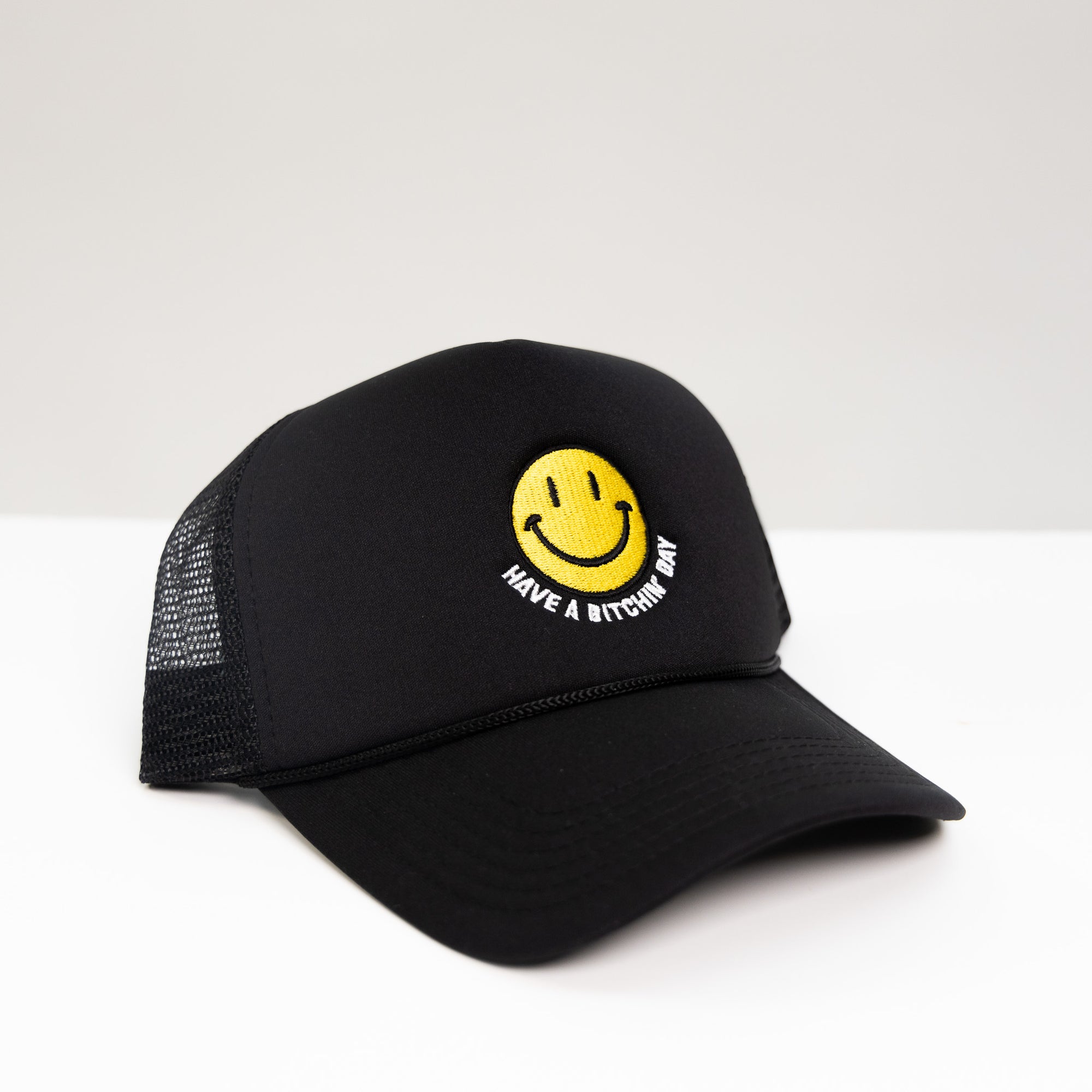 black embroidered have a bitchin' day truckerhat