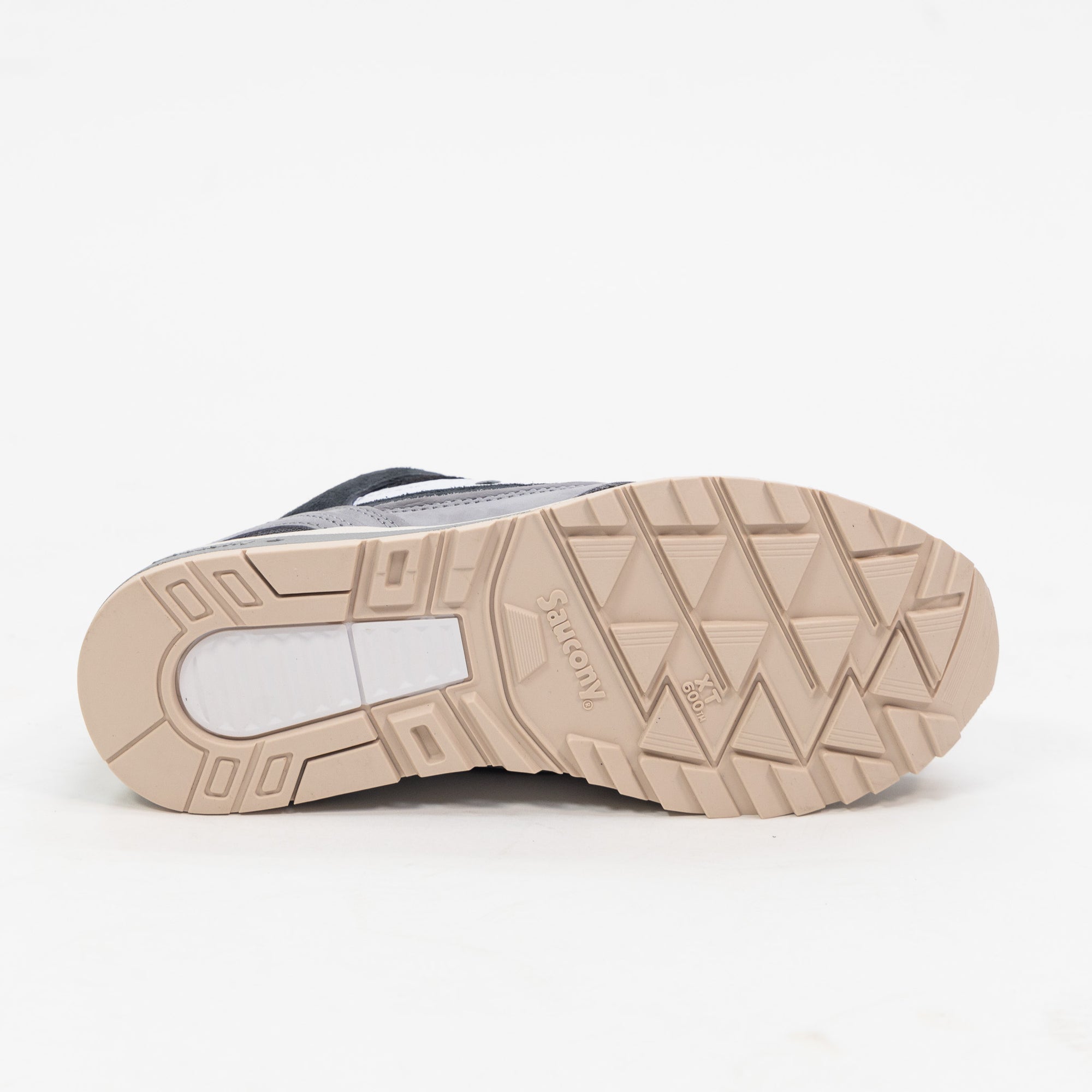 black and grey saucony shadow 6000 women's comfort shoe with pink orange detail and an off white and grey sole