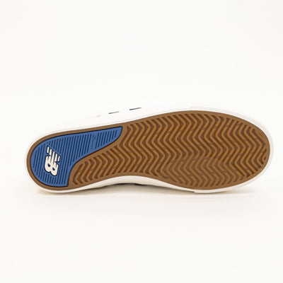 white men's new balance shoe with blue and brown detail