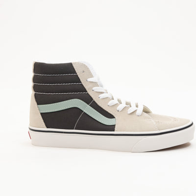 suede grey vans men's sk8-hi high top shoe with black side panel, green sidestripe and off white sole