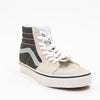 suede grey vans men's sk8-hi high top shoe with black side panel, green sidestripe and off white sole