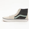 suede grey vans men's sk8-hi high top shoe with black side panel, green sidestripe and off white sole