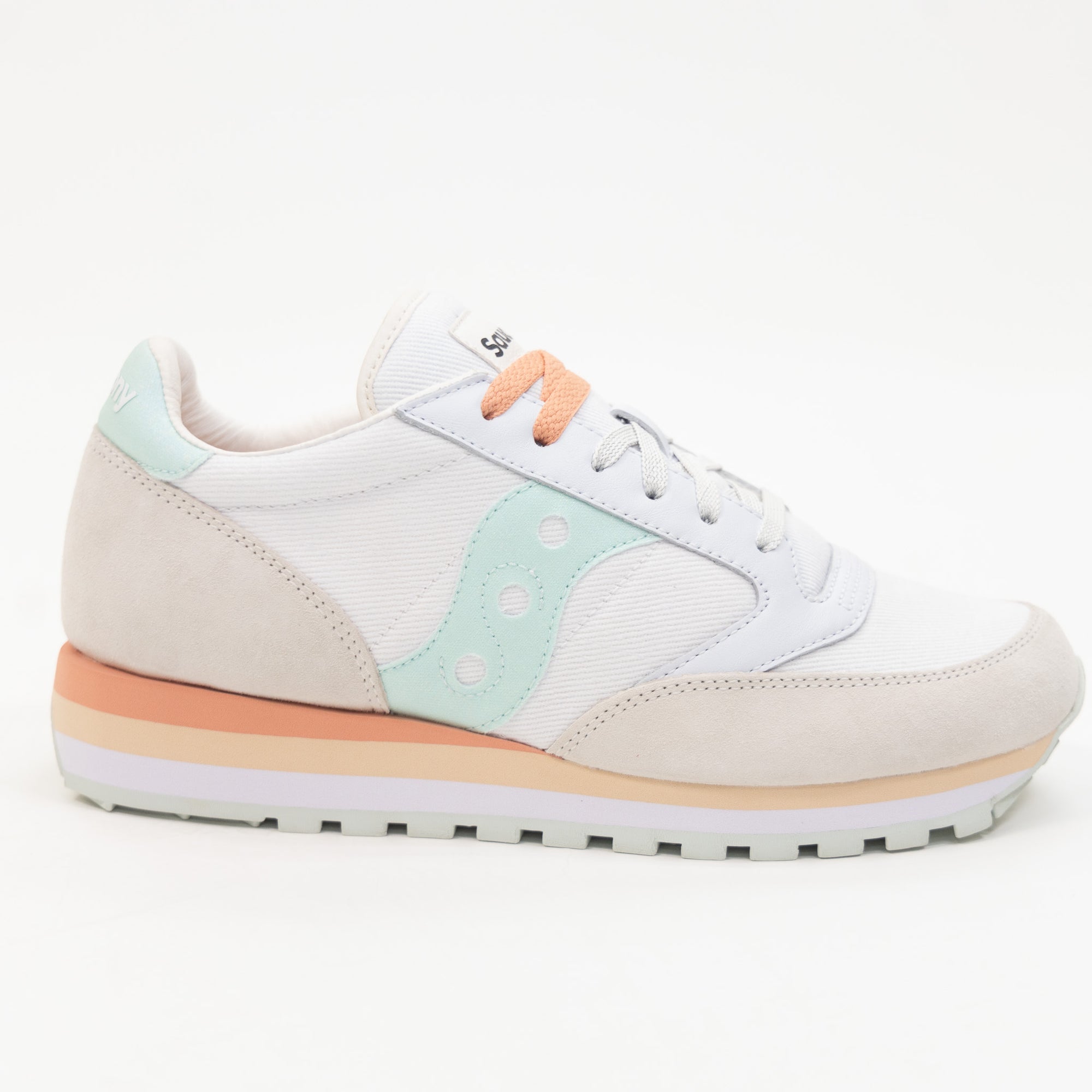 grey and white saucony triple women's stacked sole with mint green and orange details comfort shoe