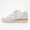 grey and white saucony triple women's stacked sole with mint green and orange details comfort shoe