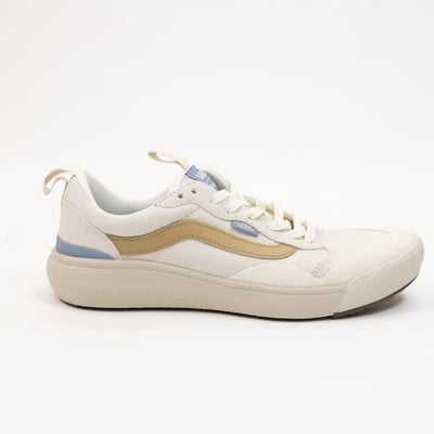 off white vans women's ultrarange exo se with brown sidestripe, off white sole and light blue details