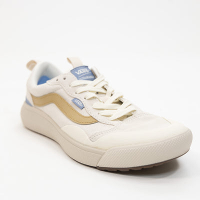 off white vans women's ultrarange exo se with brown sidestripe, off white sole and light blue details