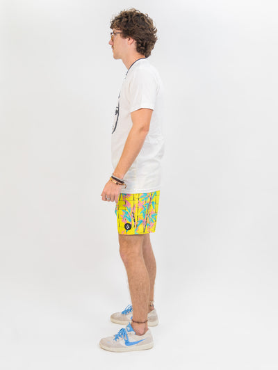 yellow grid and blue and pink floral volcom men's boardshorts