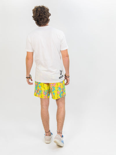 yellow grid and blue and pink floral volcom men's boardshorts