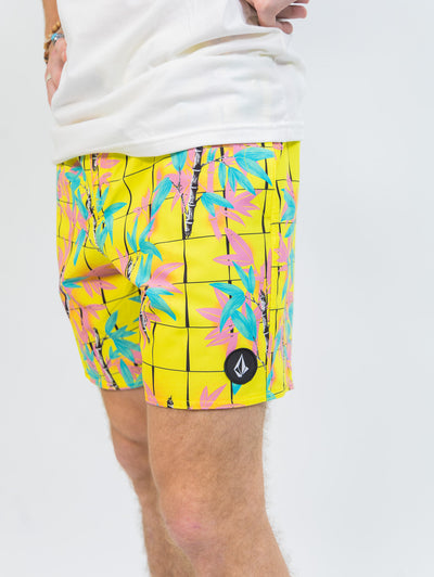 yellow grid and blue and pink floral volcom men's boardshorts