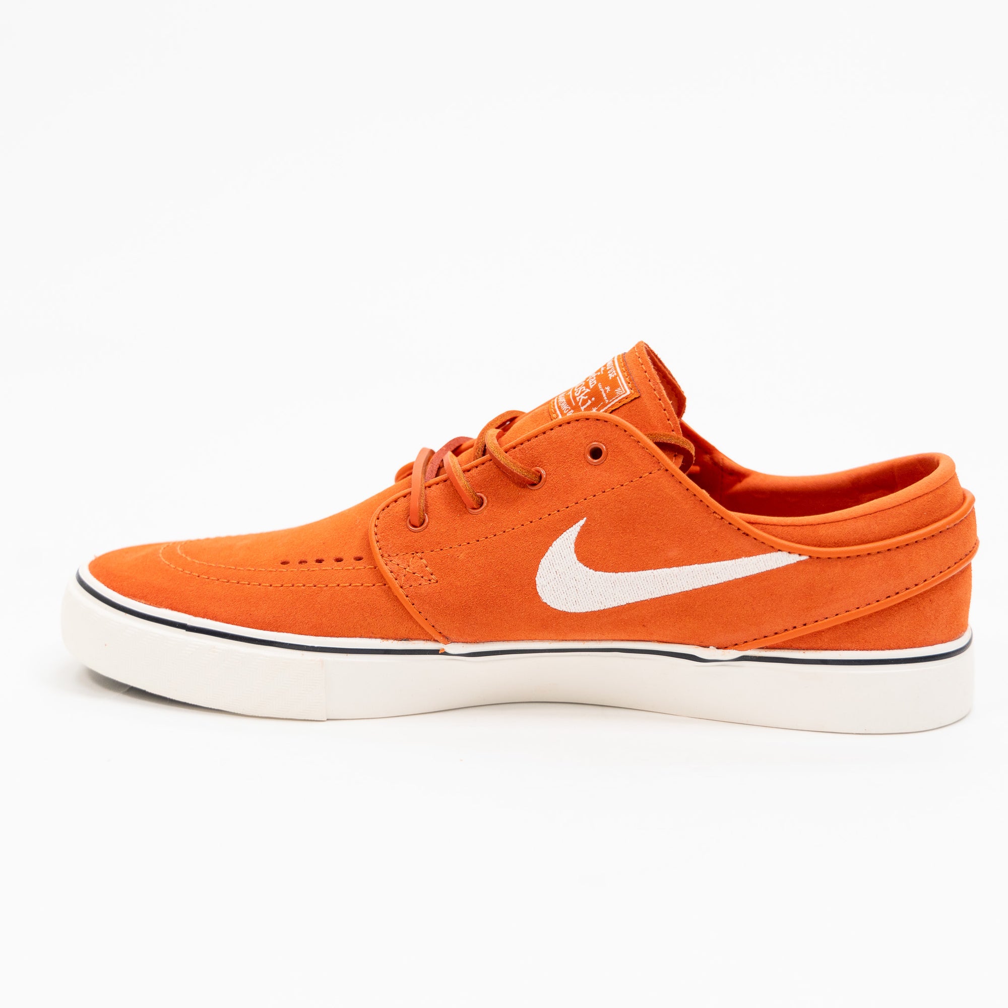 orange red nike sb stefan janoski men's skate shoe with white swoosh and white sole