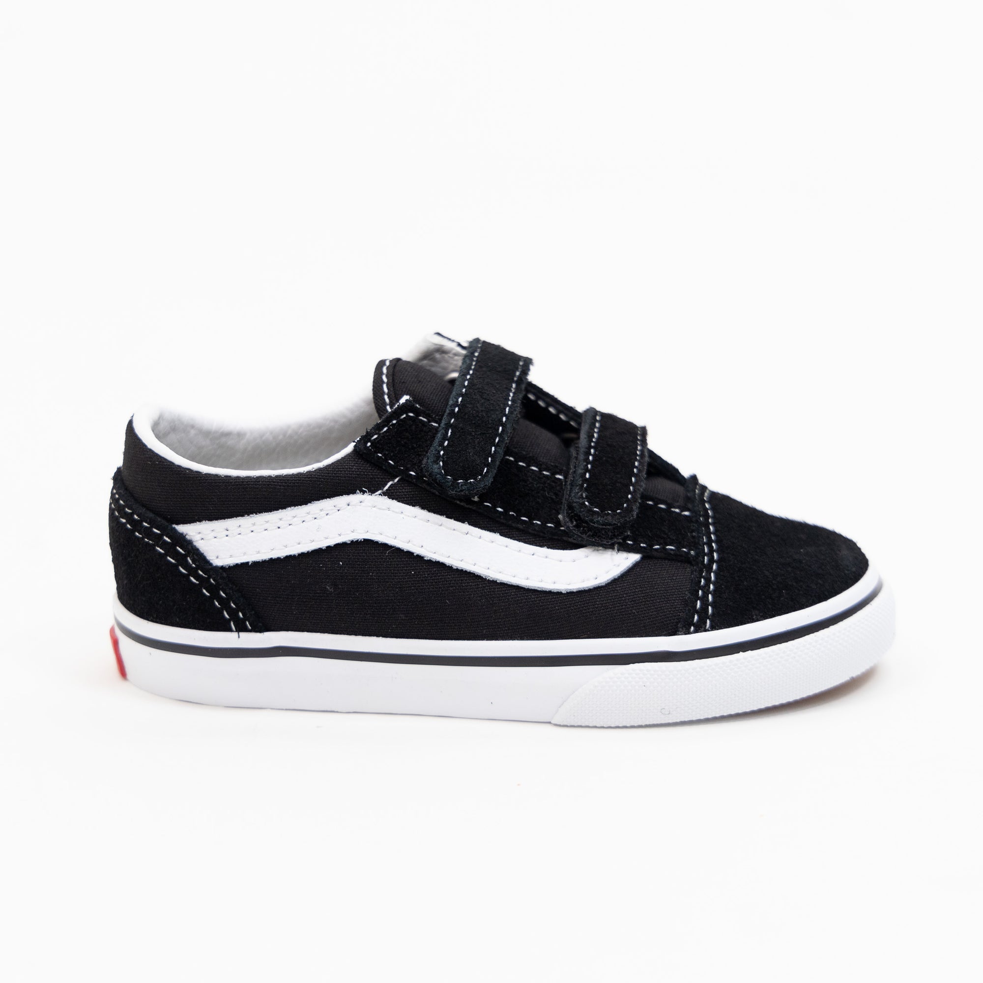 black and white toddler and kids vans with velcro straps and white sole