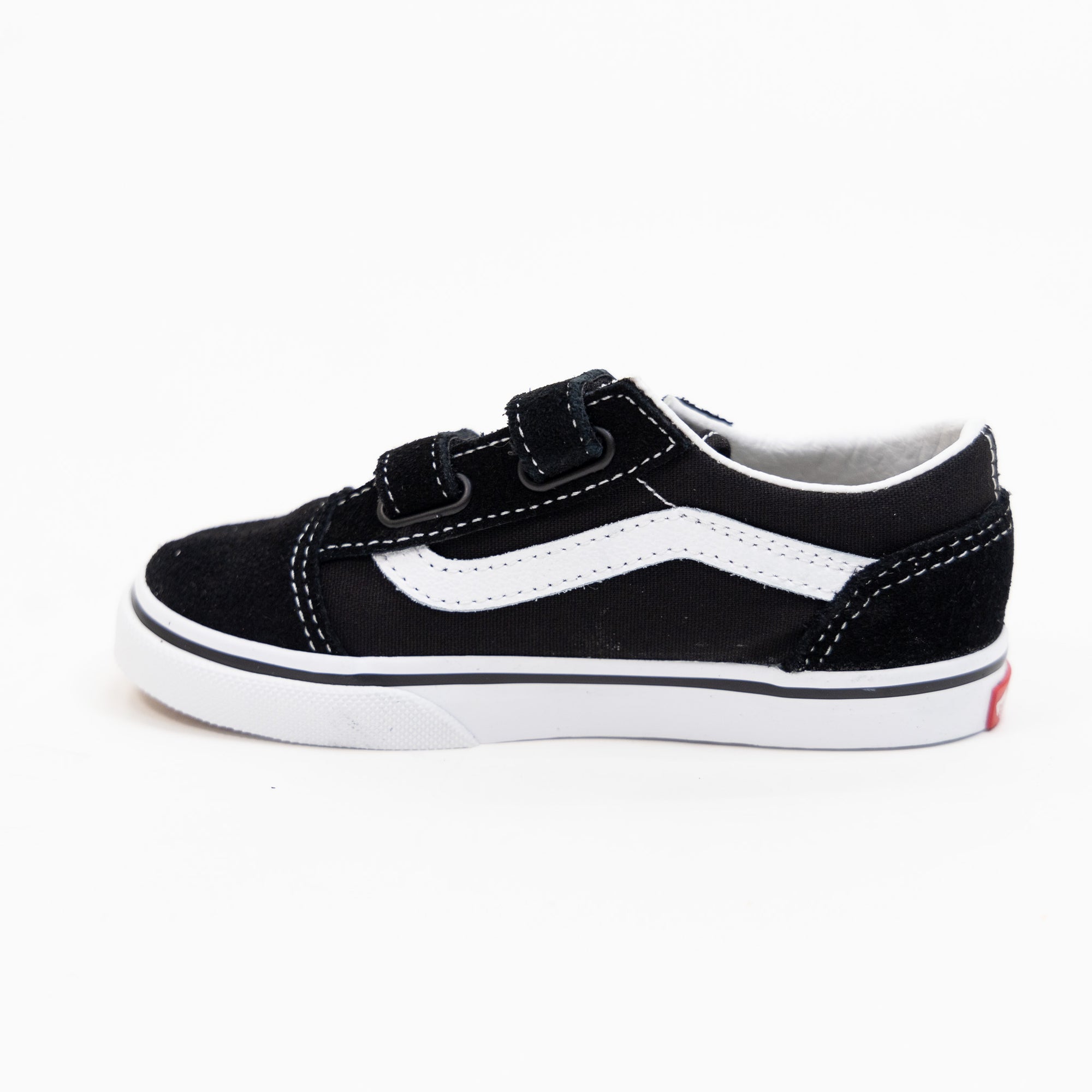 black and white toddler and kids vans with velcro straps and white sole