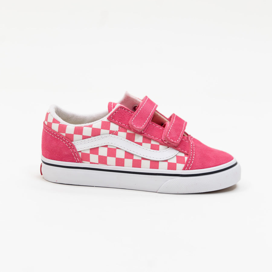 pink vans old skool toddler and kid velcro strap shoe with pink and white checkerboard side panel, white sidestripe and white sole