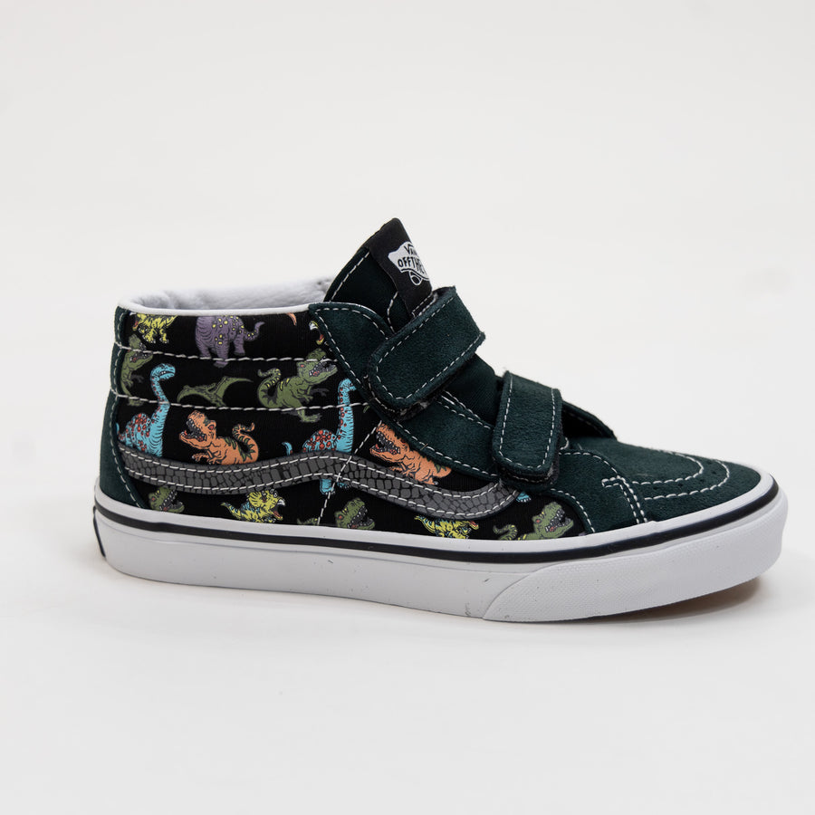 green and black vans kids sk8-mid with velcro straps, glow in the dark dinosaur side panel, reptile sidestripe and white sole