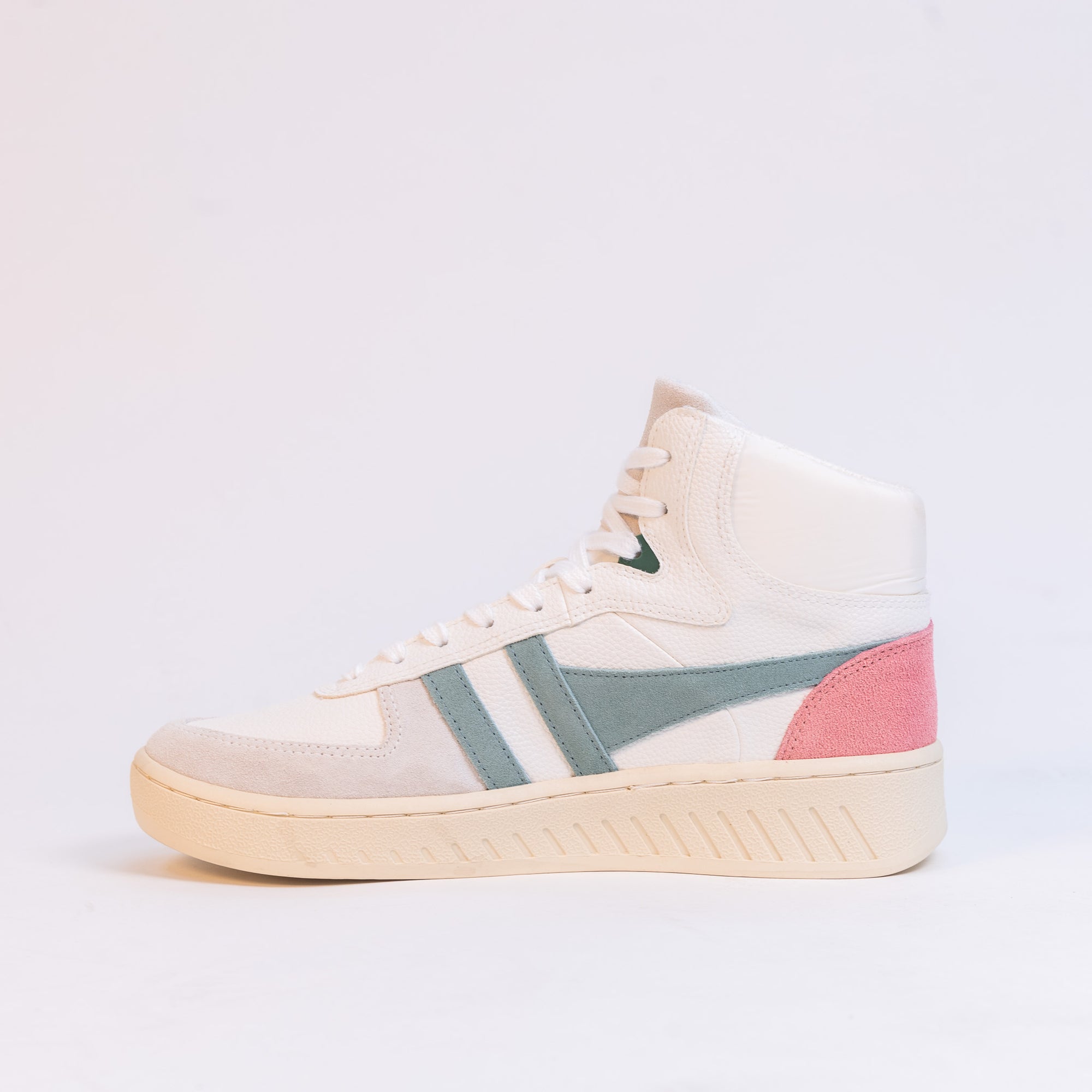 high top white blue and pink gola women's shoe with off white sole