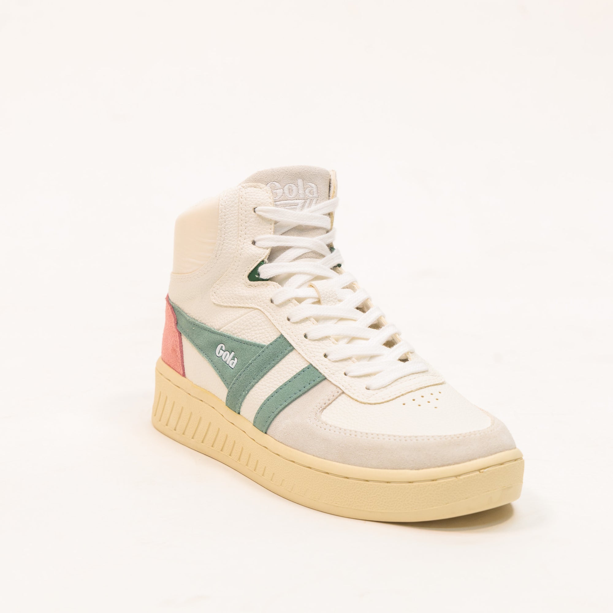 high top white blue and pink gola women's shoe with off white sole