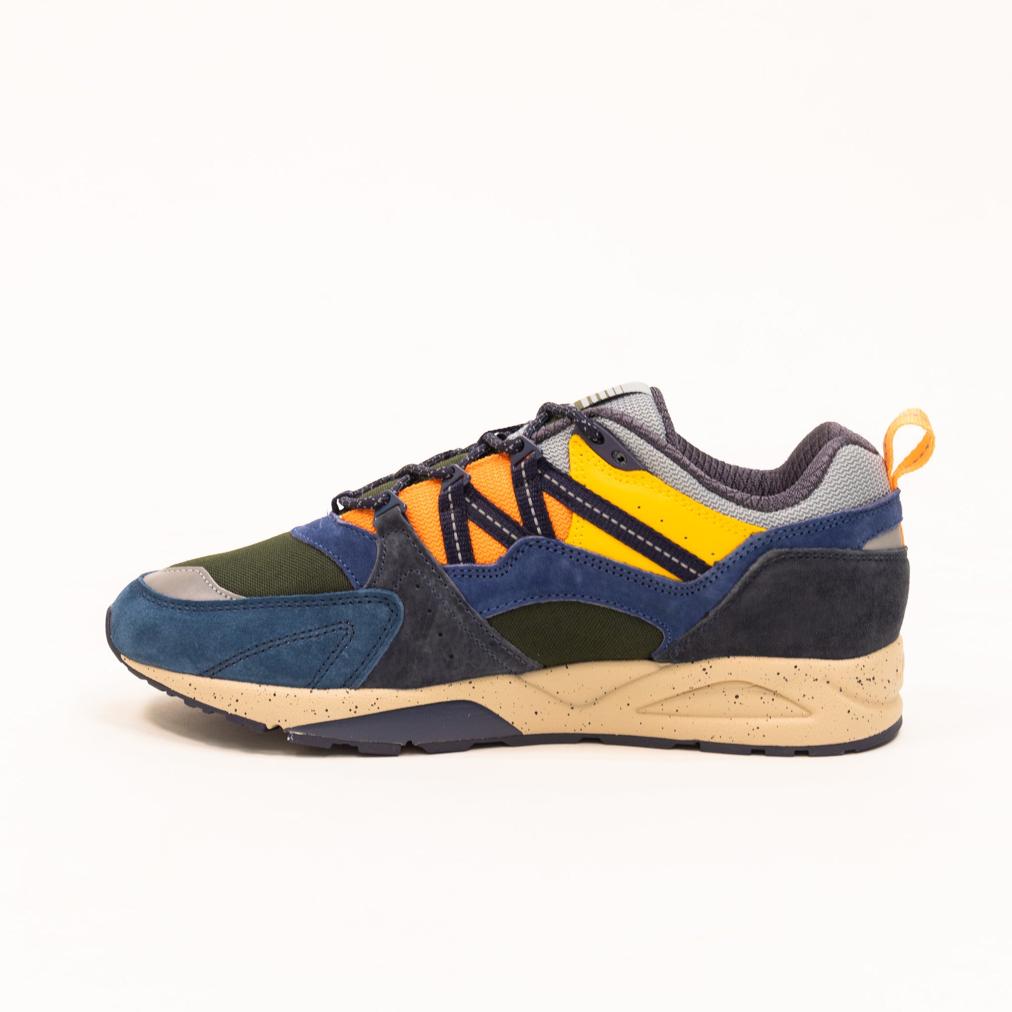 blue karhu men's shoe with green orange and yellow details