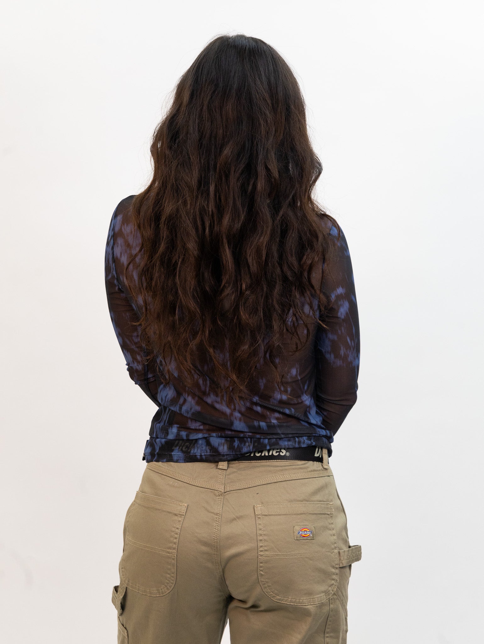 long sleeve wild pony women's Mesh Crop Top with Blue Leaf Print