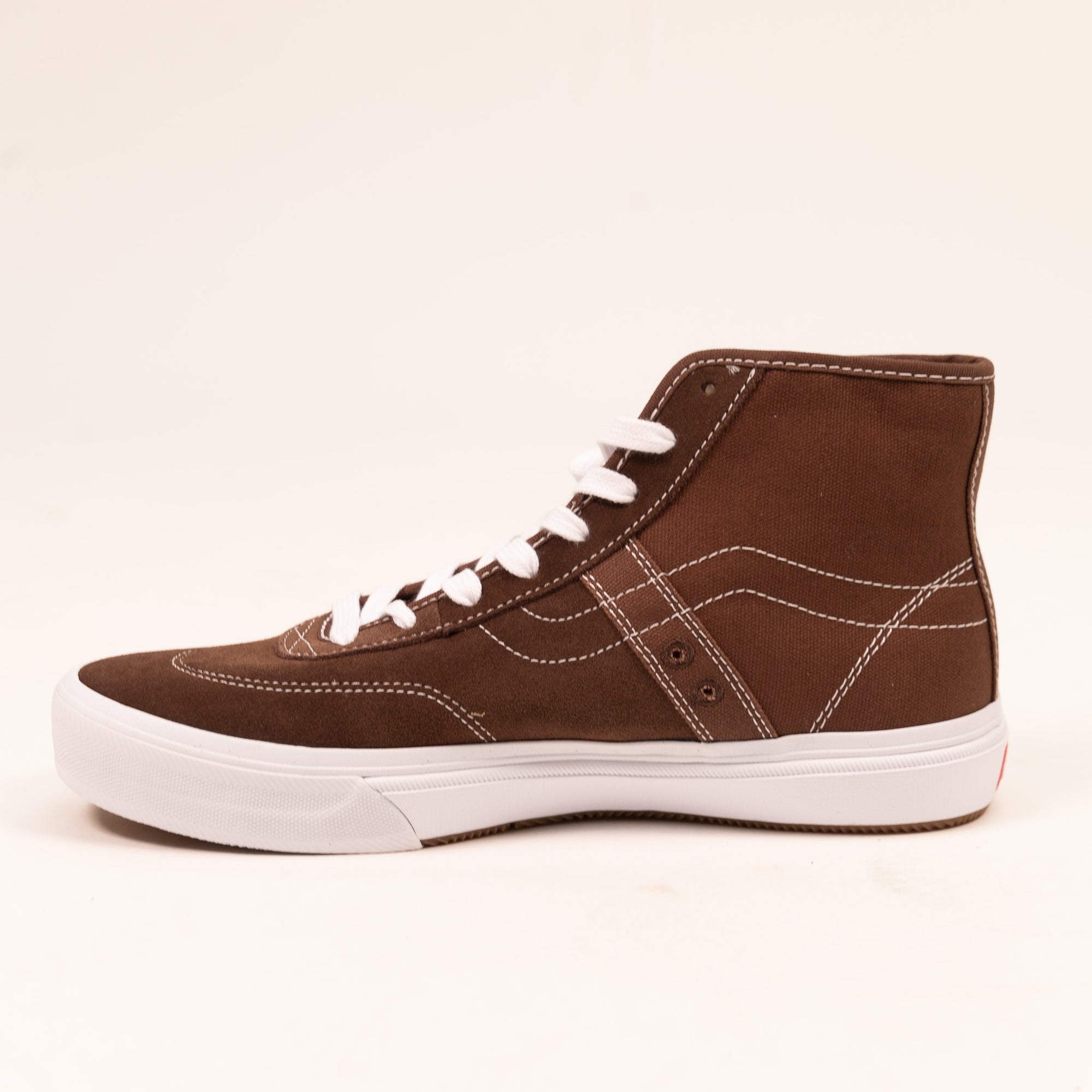 brown vans men's high top skate shoe with brown sidestripe and white sole