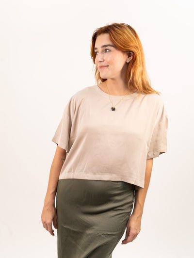 Miou Muse Dressy Round Neck Short Sleeve Top - Stone