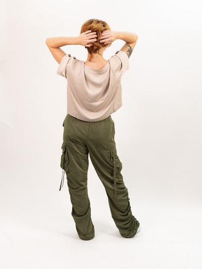 Moon River Wide Leg Ruched Bungee Cargo Pants - Olive