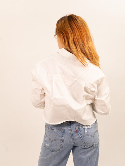 Moon River Cropped Curved Hem Shirt - White