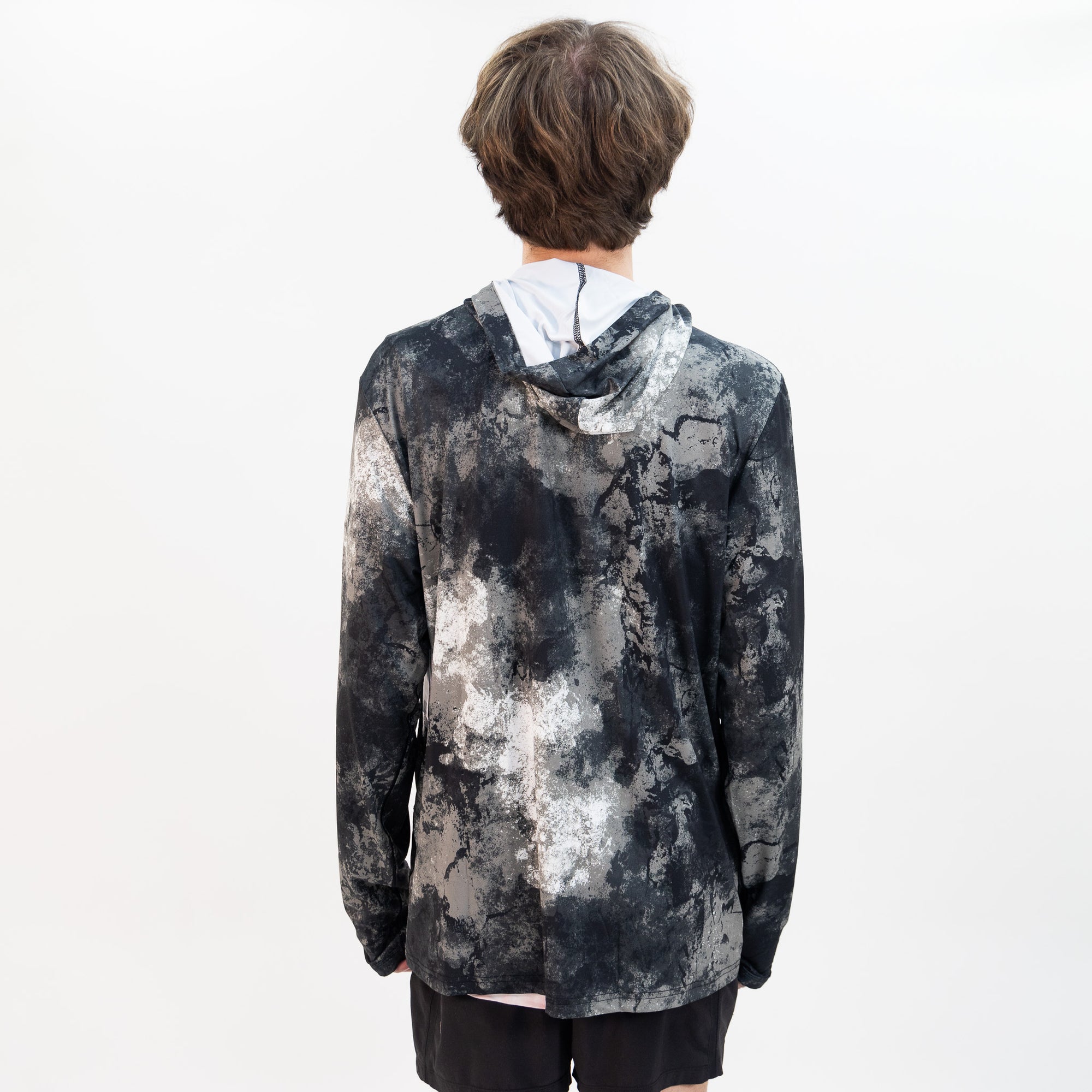 black and white tie dye volcom men's surf essentials hooded shirt