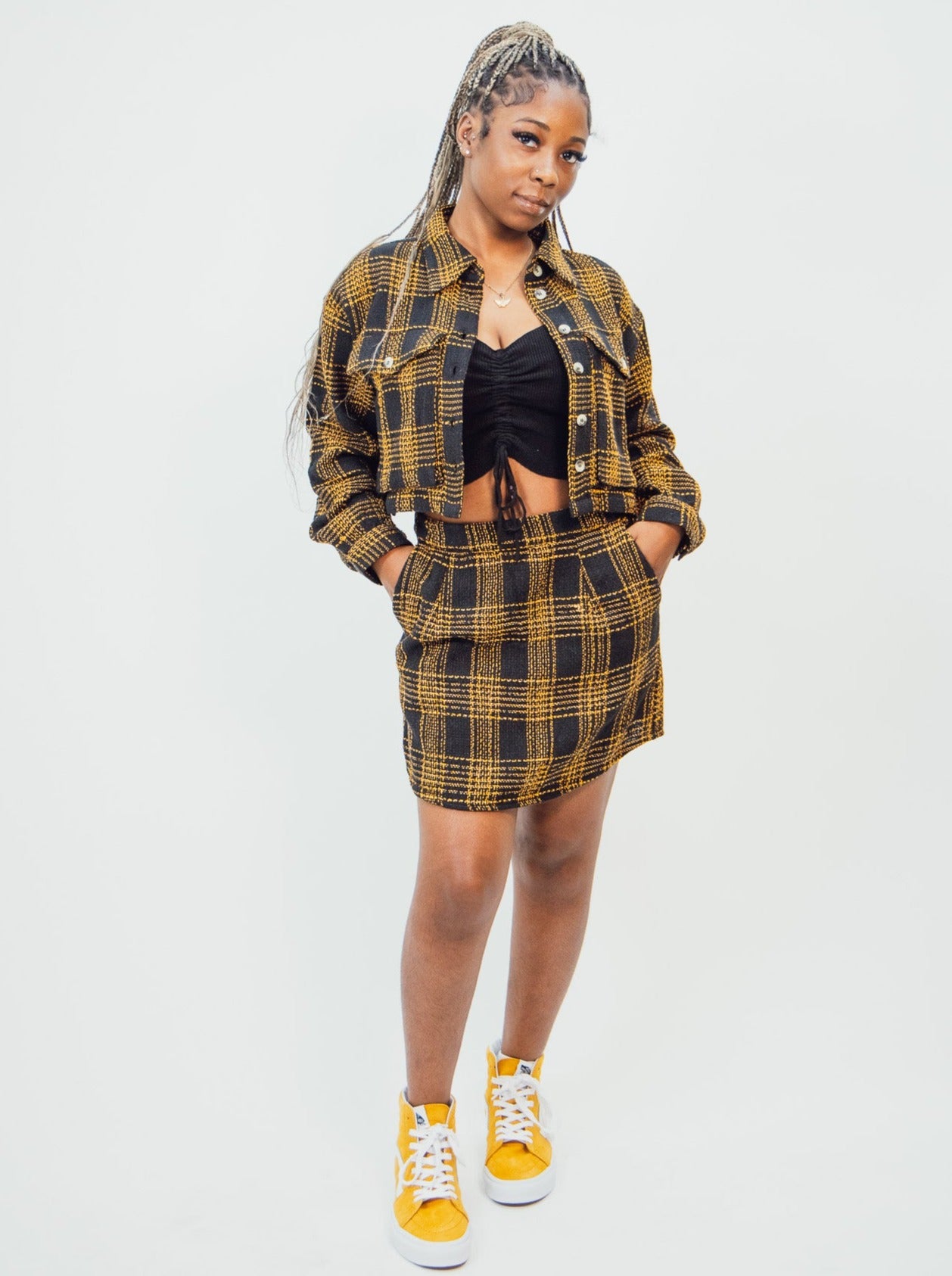 yellow and black native youth women's Mini Skirt in Check Boucle
