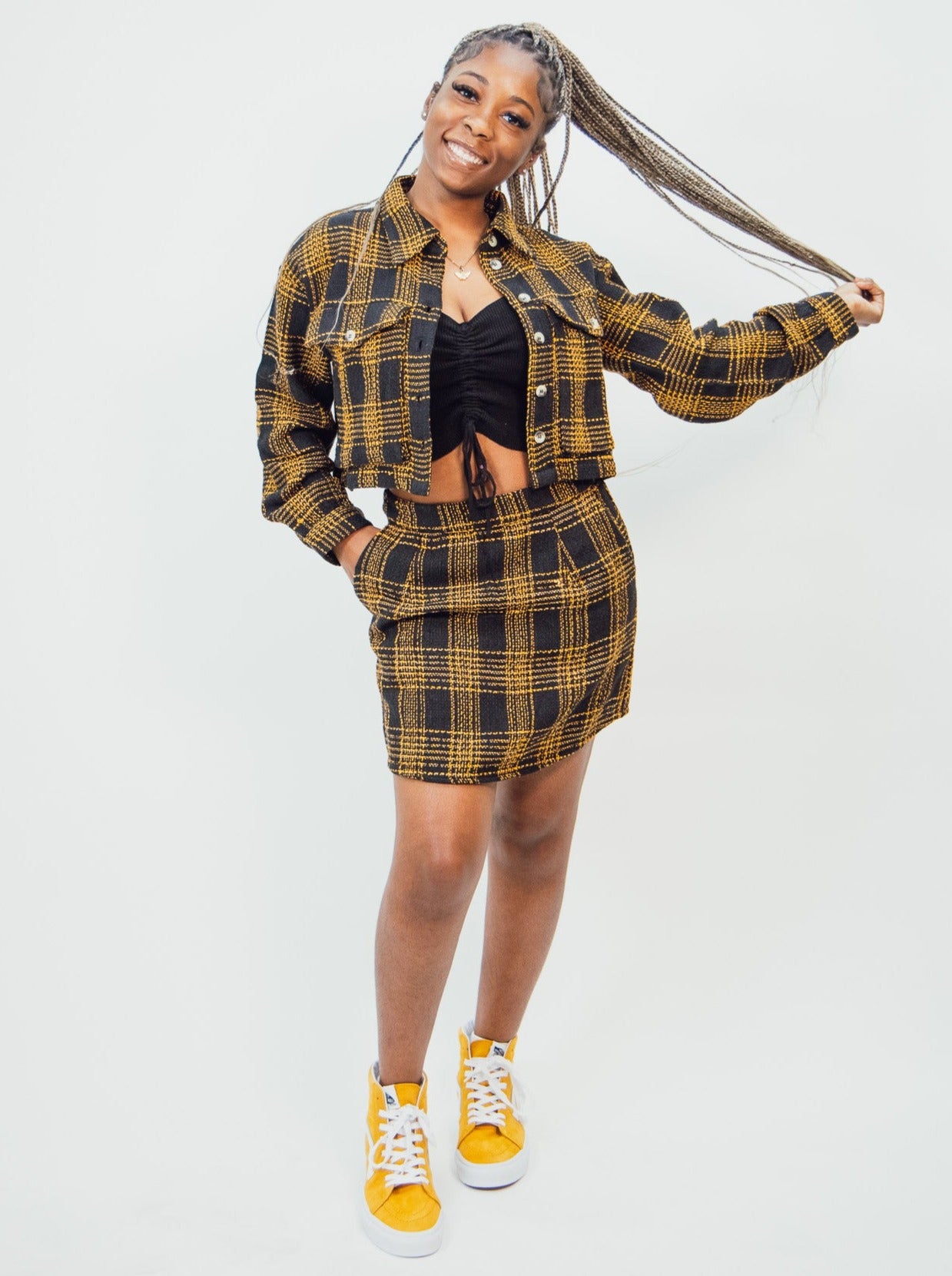 yellow and black native youth women's Mini Skirt in Check Boucle