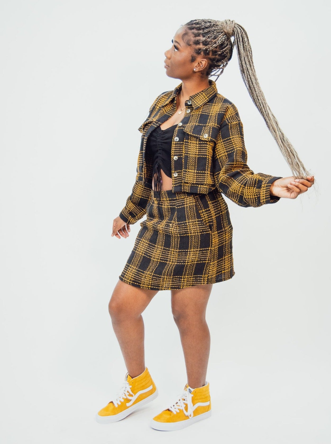 yellow and black native youth women's Mini Skirt in Check Boucle