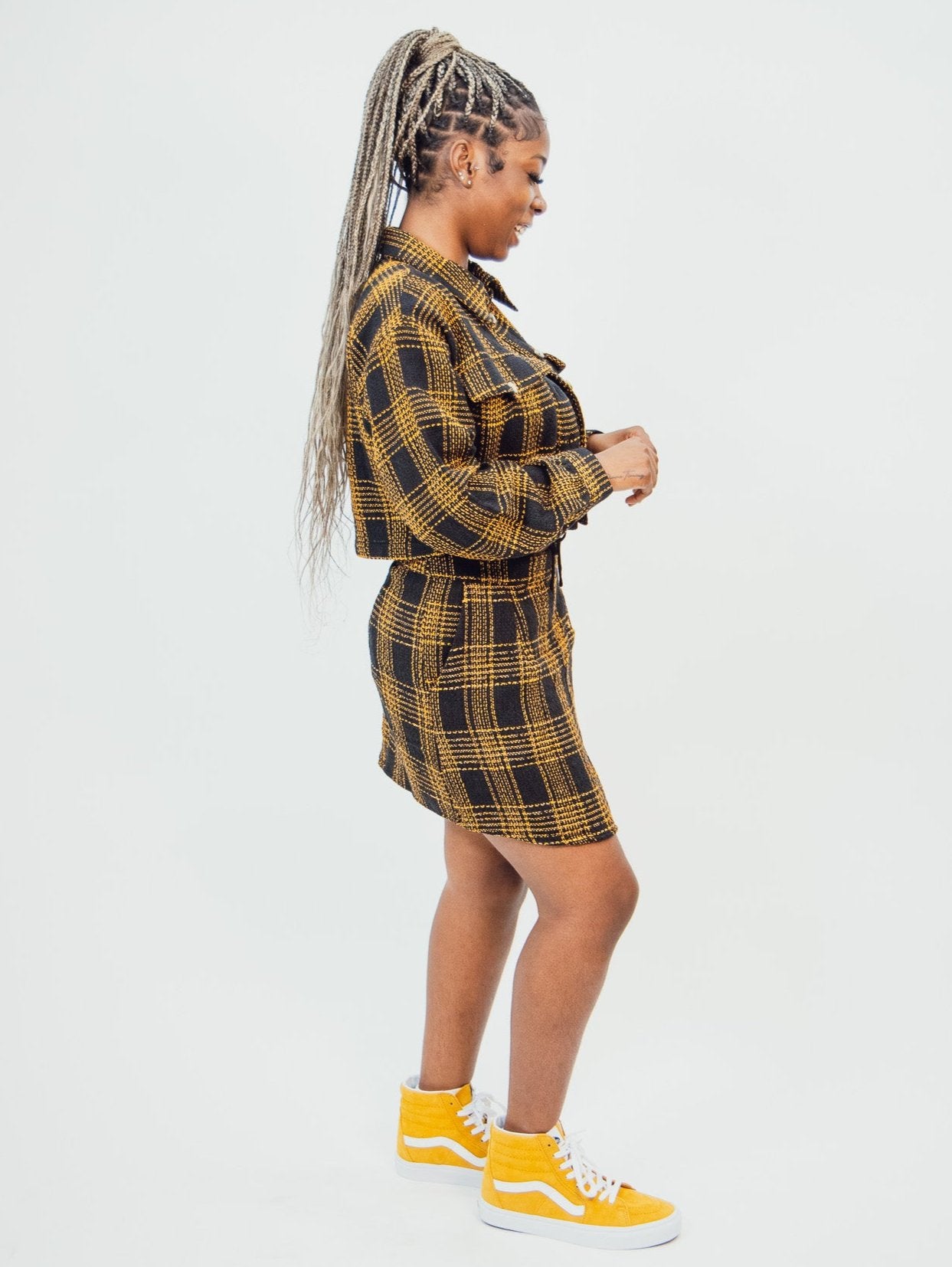 yellow and black native youth women's Mini Skirt in Check Boucle