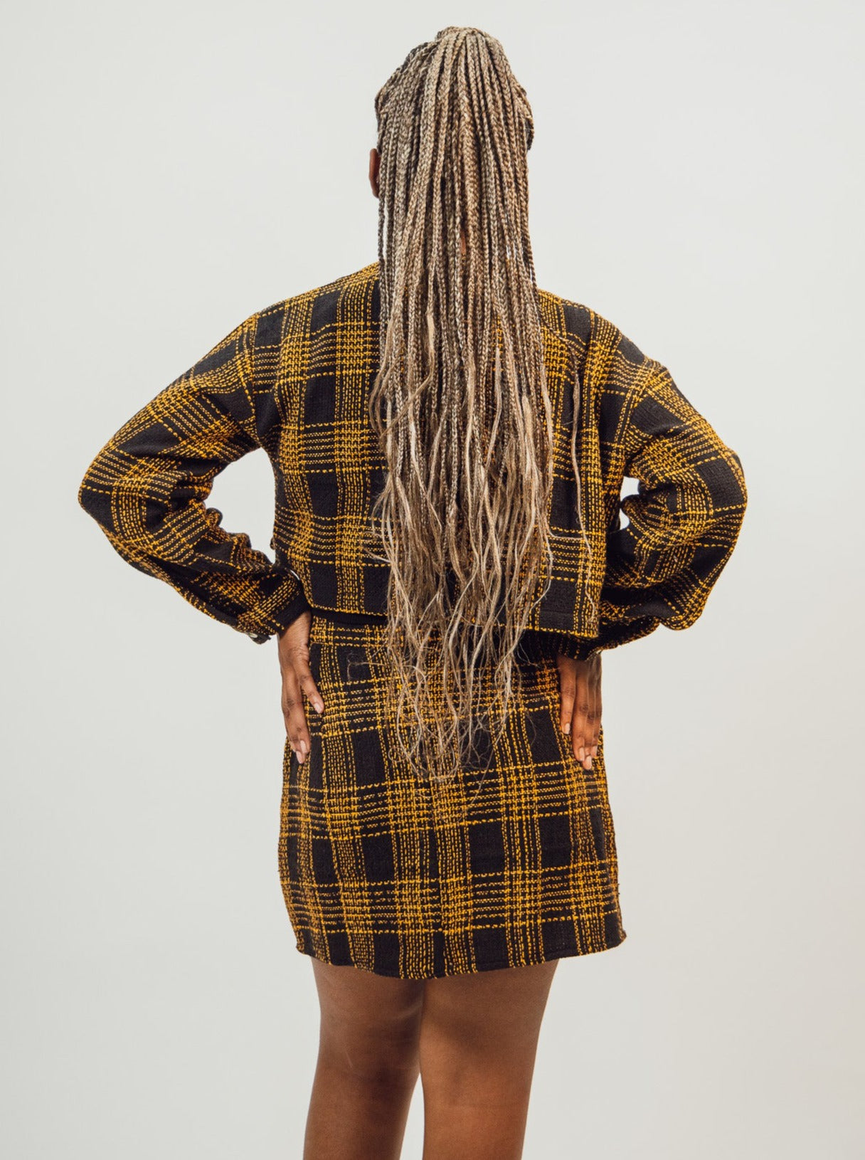 yellow and black native youth women's Mini Skirt in Check Boucle